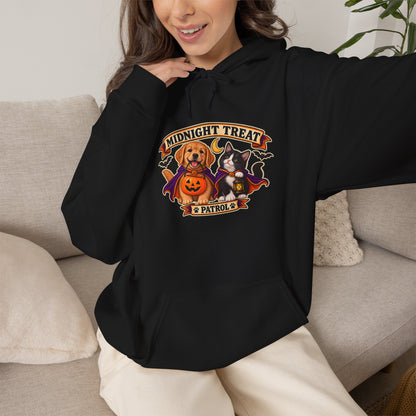 Midnight Treat Patrol Halloween puppy and kitten hoodie in black