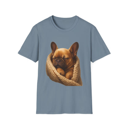 Blue t-shirt with a graphic of a dog in a knitted blanket on a white background