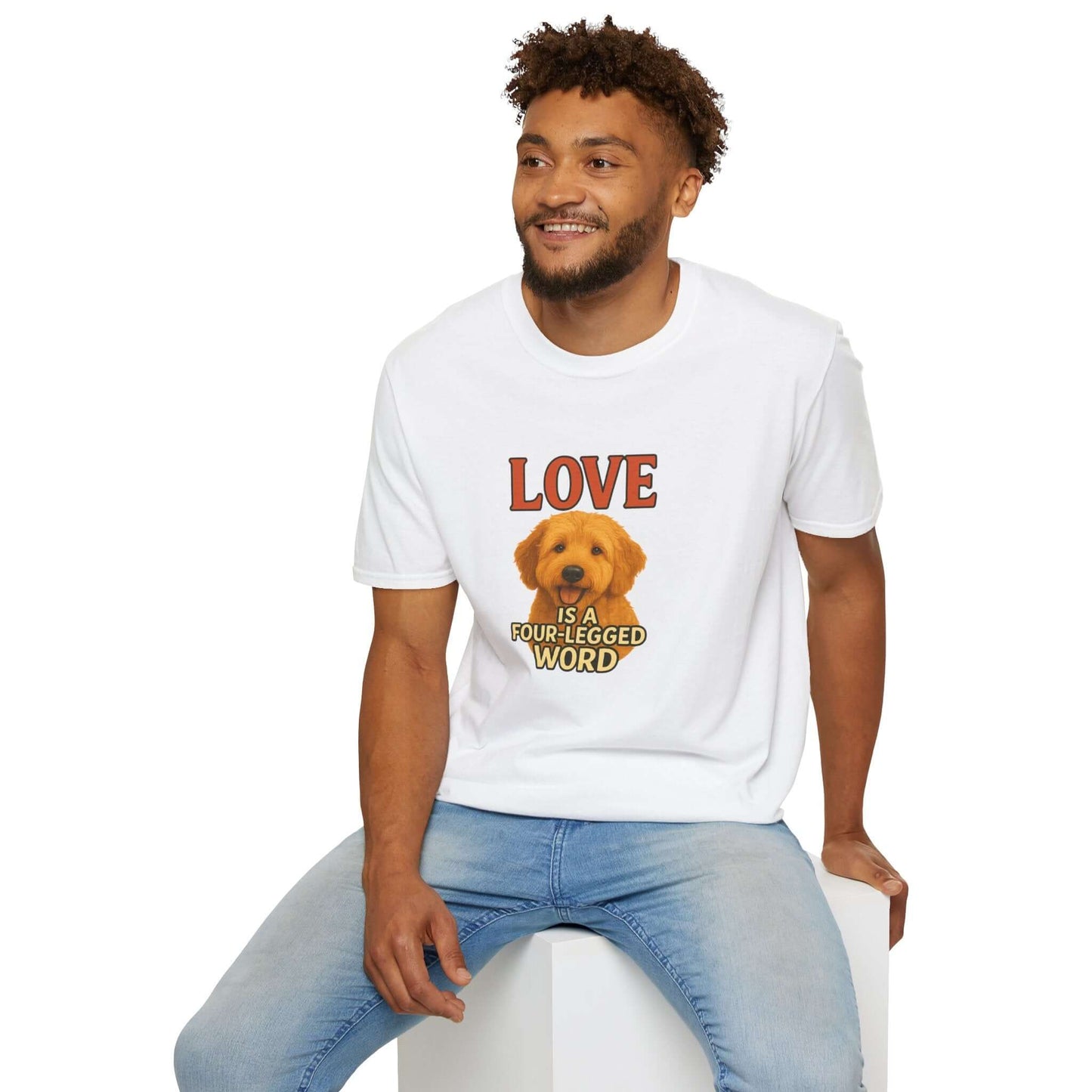 Goldendoodle Tee: "Love Is a Four-Legged Word" for dog lovers, perfect pet accessory for casual outings.