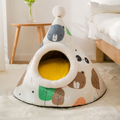 Pet bed with bear design on a light-colored surface