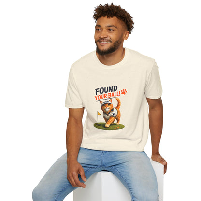 Found Your Ball funny cat golf T-shirt with orange tabby carrying a golf ball- natural