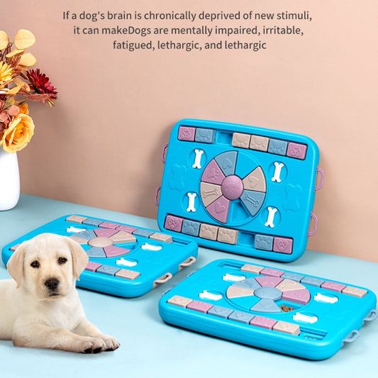 Blue puzzle toy for dogs with text about mental stimulation on a light blue surface.