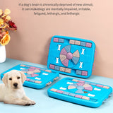 Blue puzzle toy for dogs with text about mental stimulation on a light blue surface.