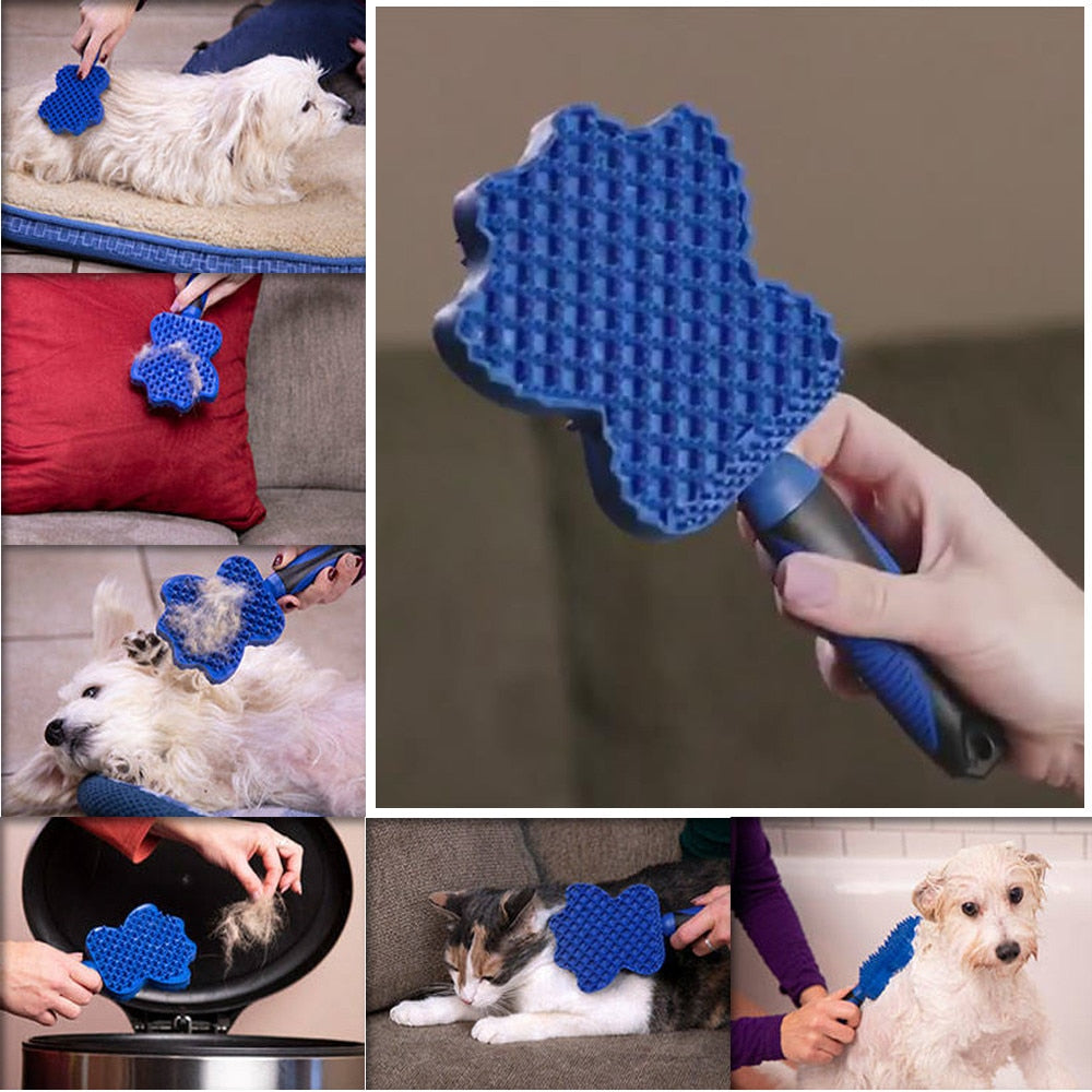 Collage of a blue pet grooming brush being used on various pets and surfaces.
