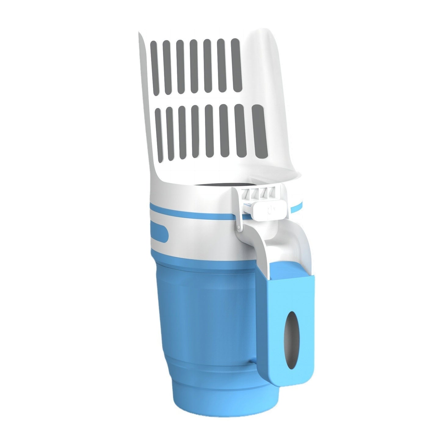 Blue and white kitchen tool with a handle and grill-like top on a white background