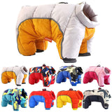 Collection of colorful dog winter jackets on a white background
