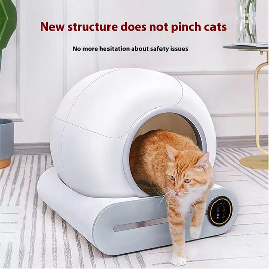 Cat using a modern, elevated litter box with a white and gray design.