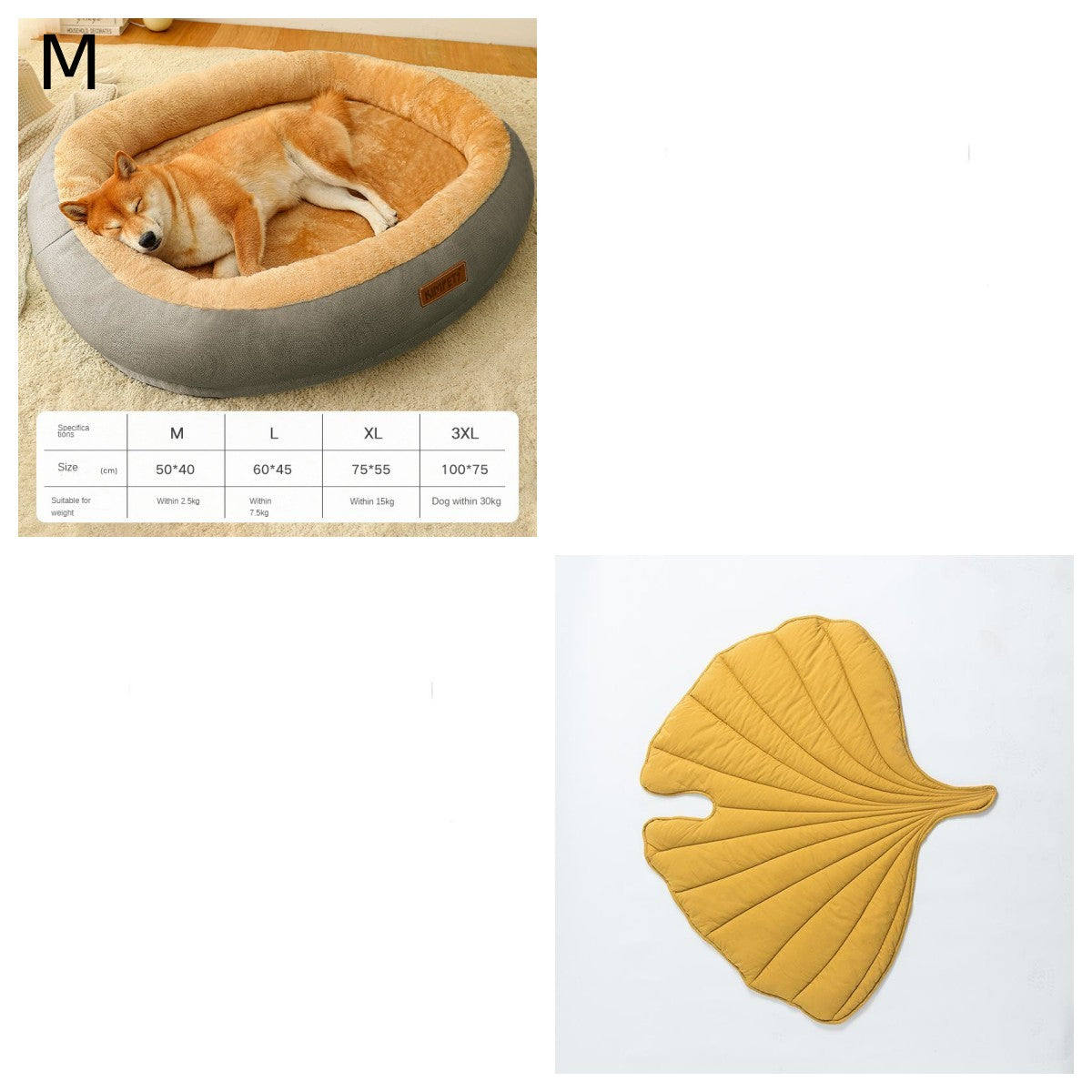 Dog lying in a pet bed with a size chart, followed by a yellow leaf-shaped mat on a white background.