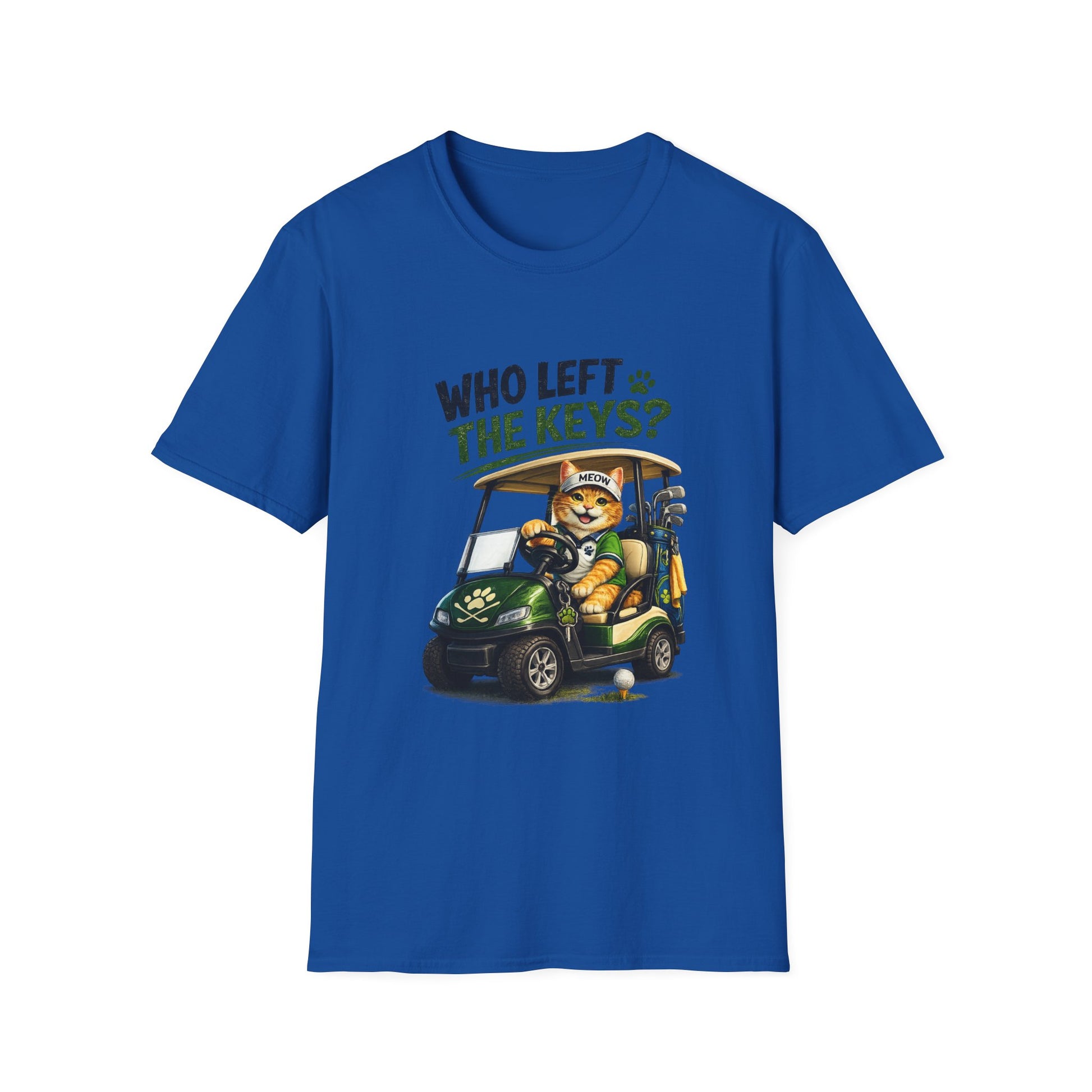 A royal blue short-sleeve crewneck t-shirt featuring a cartoon graphic of a cat driving a green golf cart with the text 'WHO LEFT THE KEYS?' printed above it, displayed on a clean white background.