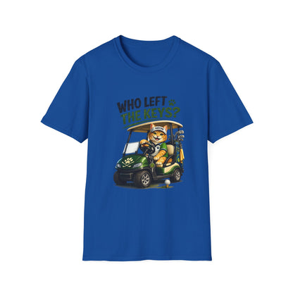 A royal blue short-sleeve crewneck t-shirt featuring a cartoon graphic of a cat driving a green golf cart with the text 'WHO LEFT THE KEYS?' printed above it, displayed on a clean white background.