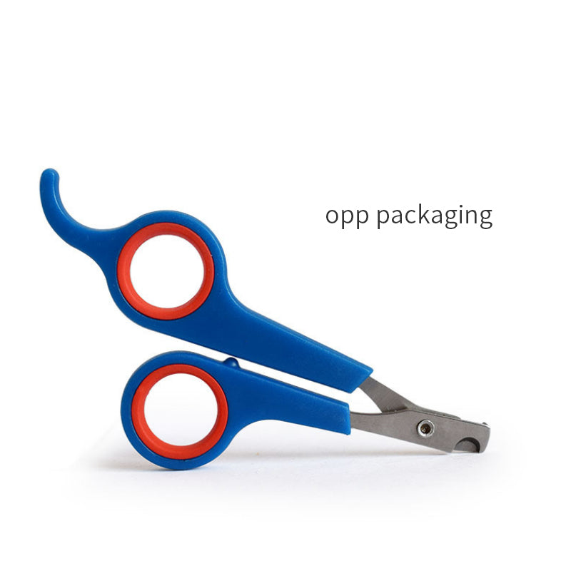 Blue and red pet nail clippers on a white background with 'opp packaging' text.