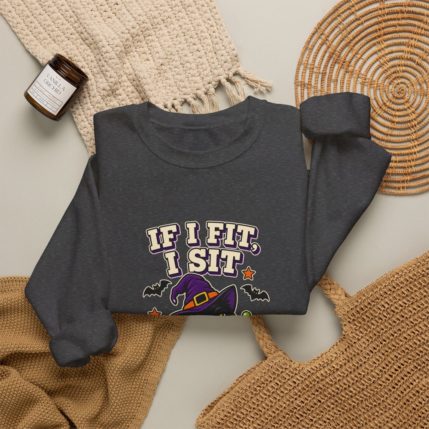 If I Fit, I Sit Witch Cat Halloween Sweatshirt – Cauldron Cat Crewneck