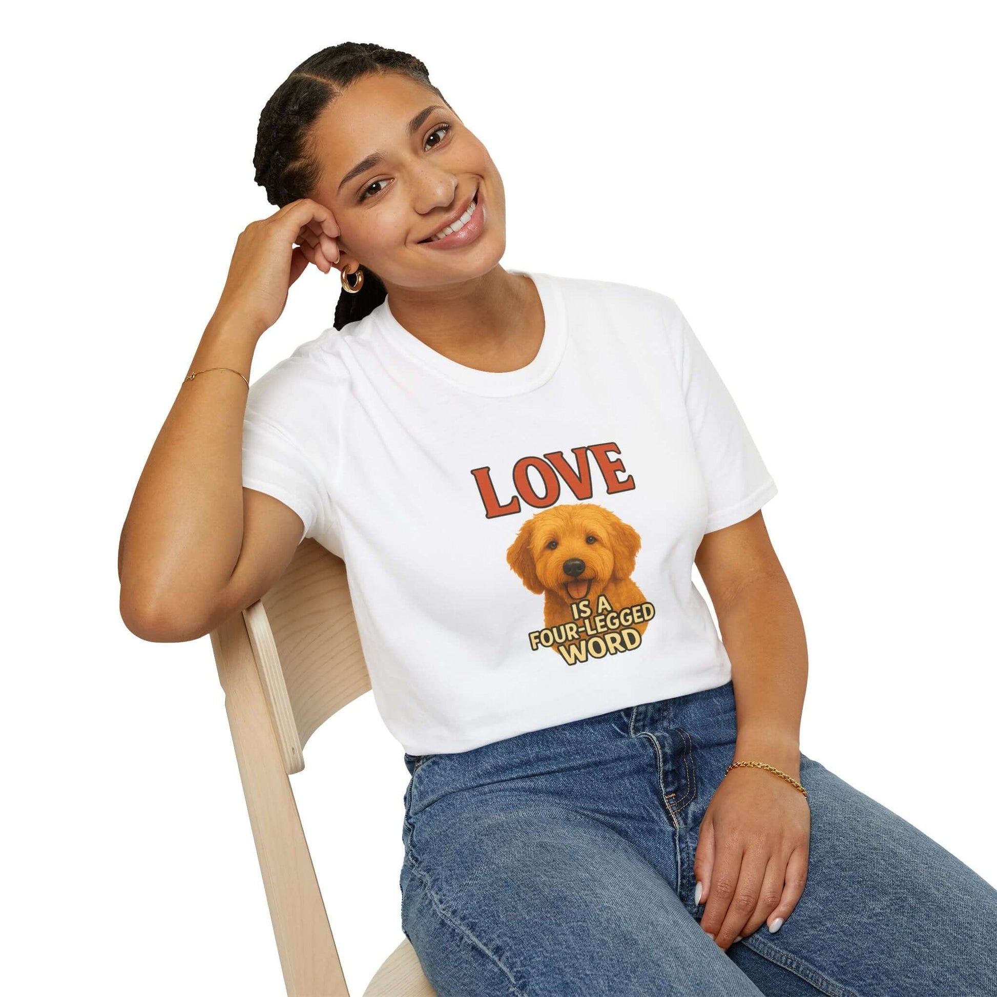 Model wearing Goldendoodle Tee: "Love Is a Four-Legged Word" showcasing love for pet supplies and dogs.