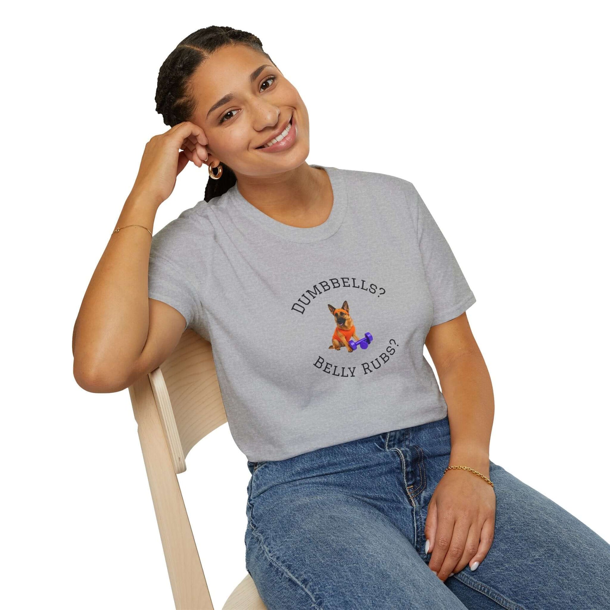 German Shepard Dog Lover Workout Tee –“Belly Rubs or Dumbbells?” on a smiling woman, perfect for dog-loving fitness fans.