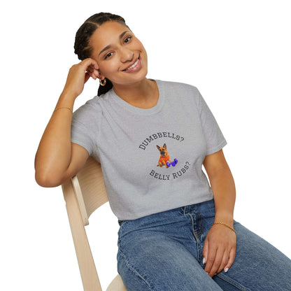 German Shepard Dog Lover Workout Tee –“Belly Rubs or Dumbbells?” on a smiling woman, perfect for dog-loving fitness fans.