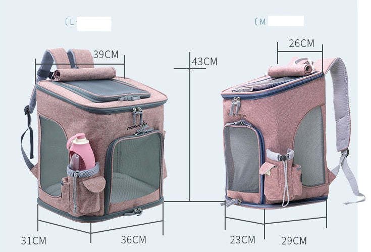 Pet carrier with dimensions displayed on a light blue background