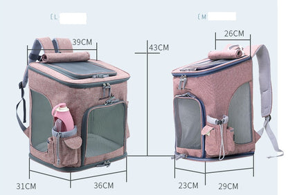 Pet carrier with dimensions displayed on a light blue background