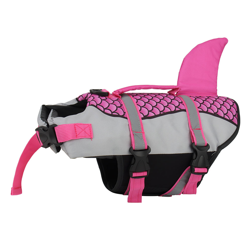 Pink and gray dog life jacket with shark fin design on a white background