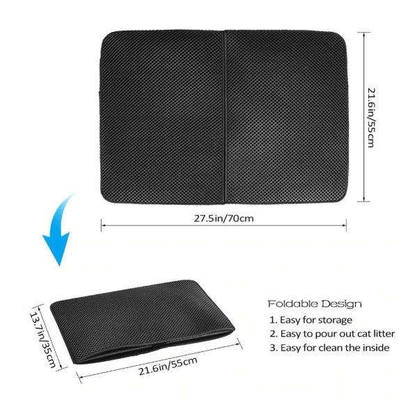 Black pet litter pan with dimensions and foldable design features on a white background
