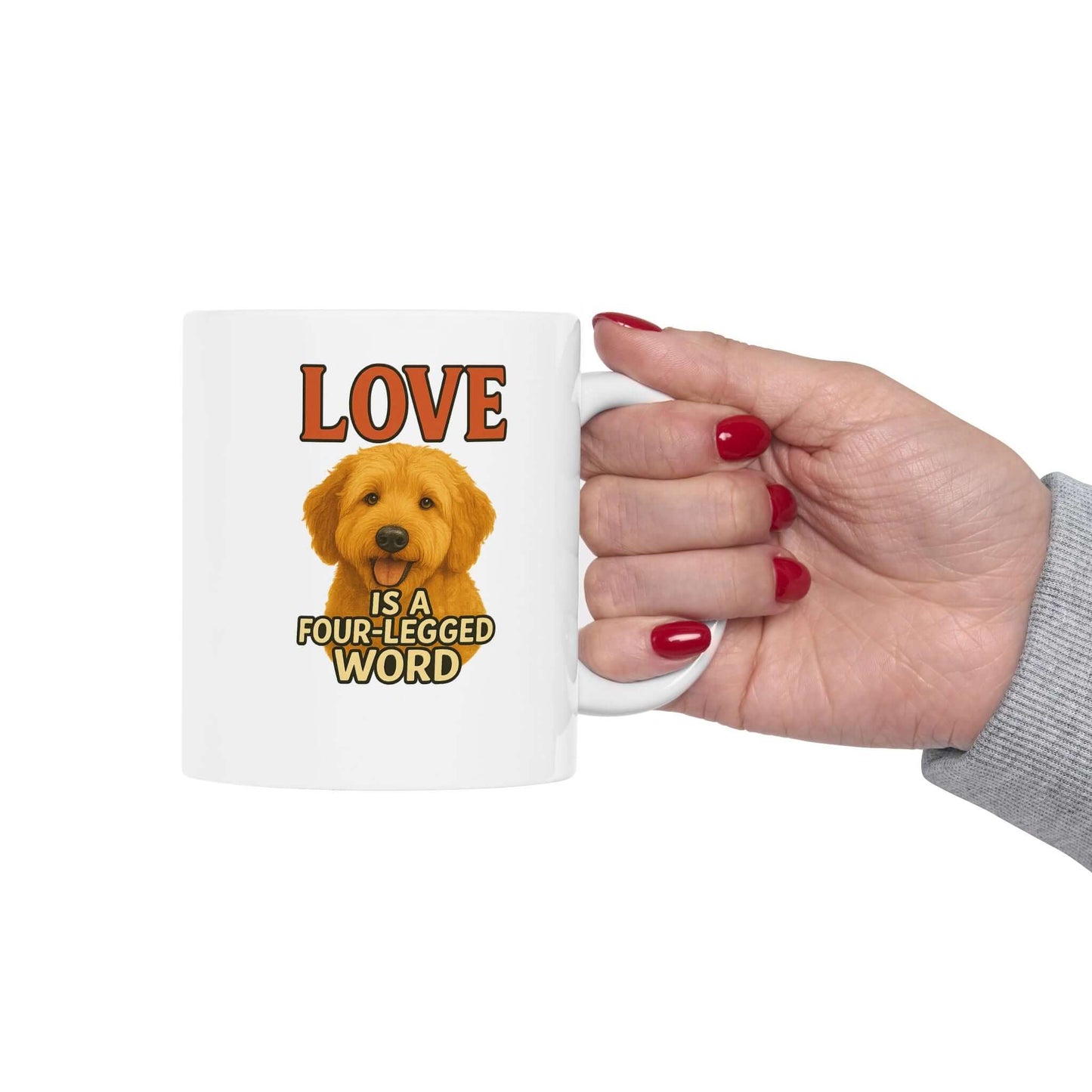 Goldendoodle Coffee Mug—"Love Is a Four-Legged Word" for dog lovers, perfect pet supplies accessory.