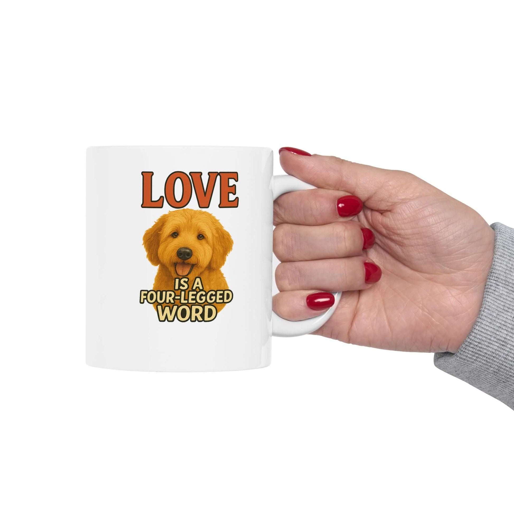 Goldendoodle Coffee Mug—"Love Is a Four-Legged Word" for dog lovers, perfect pet supplies accessory.