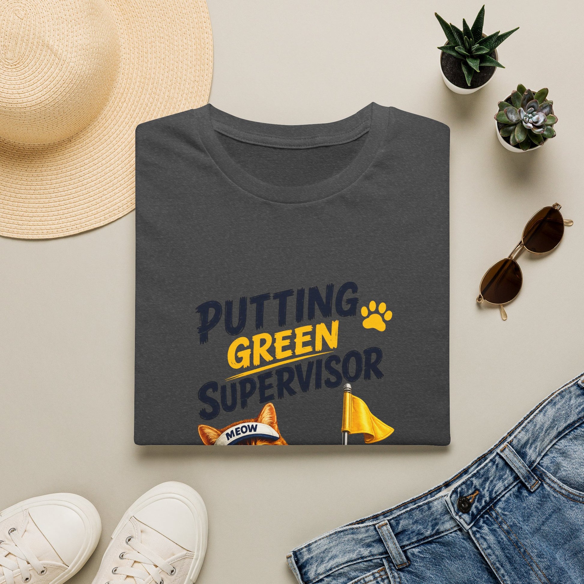 Putting Green Supervisor funny cat golf T-shirt with orange tabby beside golf hole - dark heather