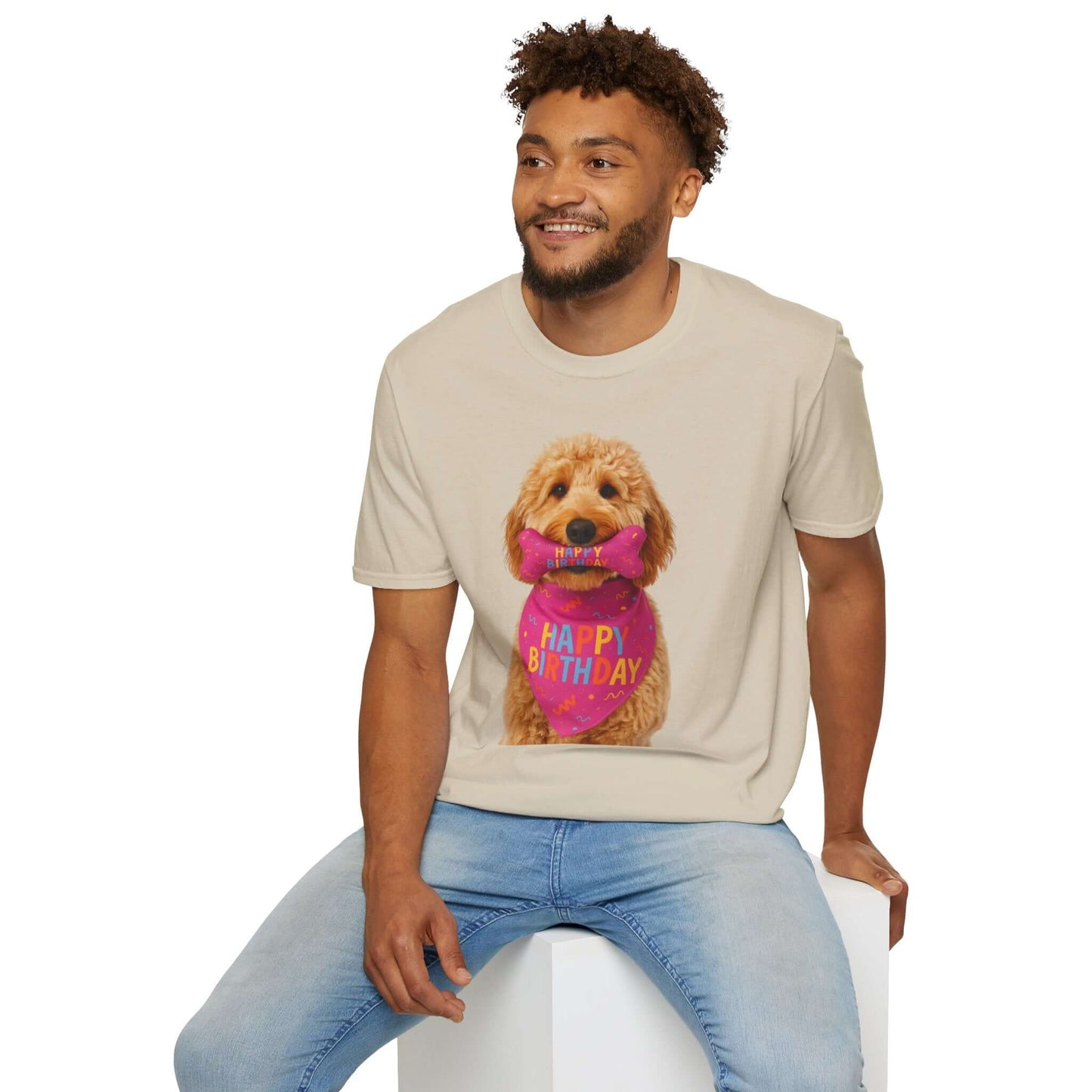 Happy Birthday Dog T-Shirt worn by man, featuring a cute dog with a birthday bow, perfect for dogs and pet supplies.