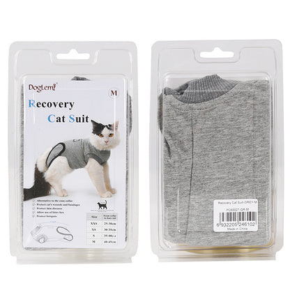 Cat recovery suit packaging with a cat illustration on the left and the suit on the right.