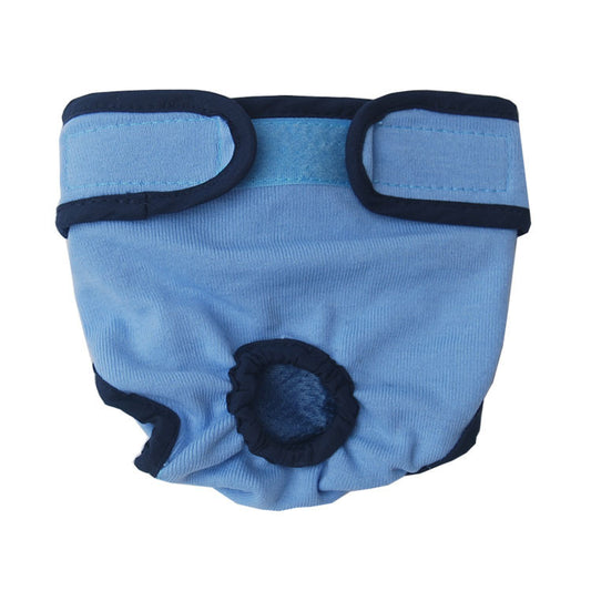 Blue dog diaper with black trim on a white background