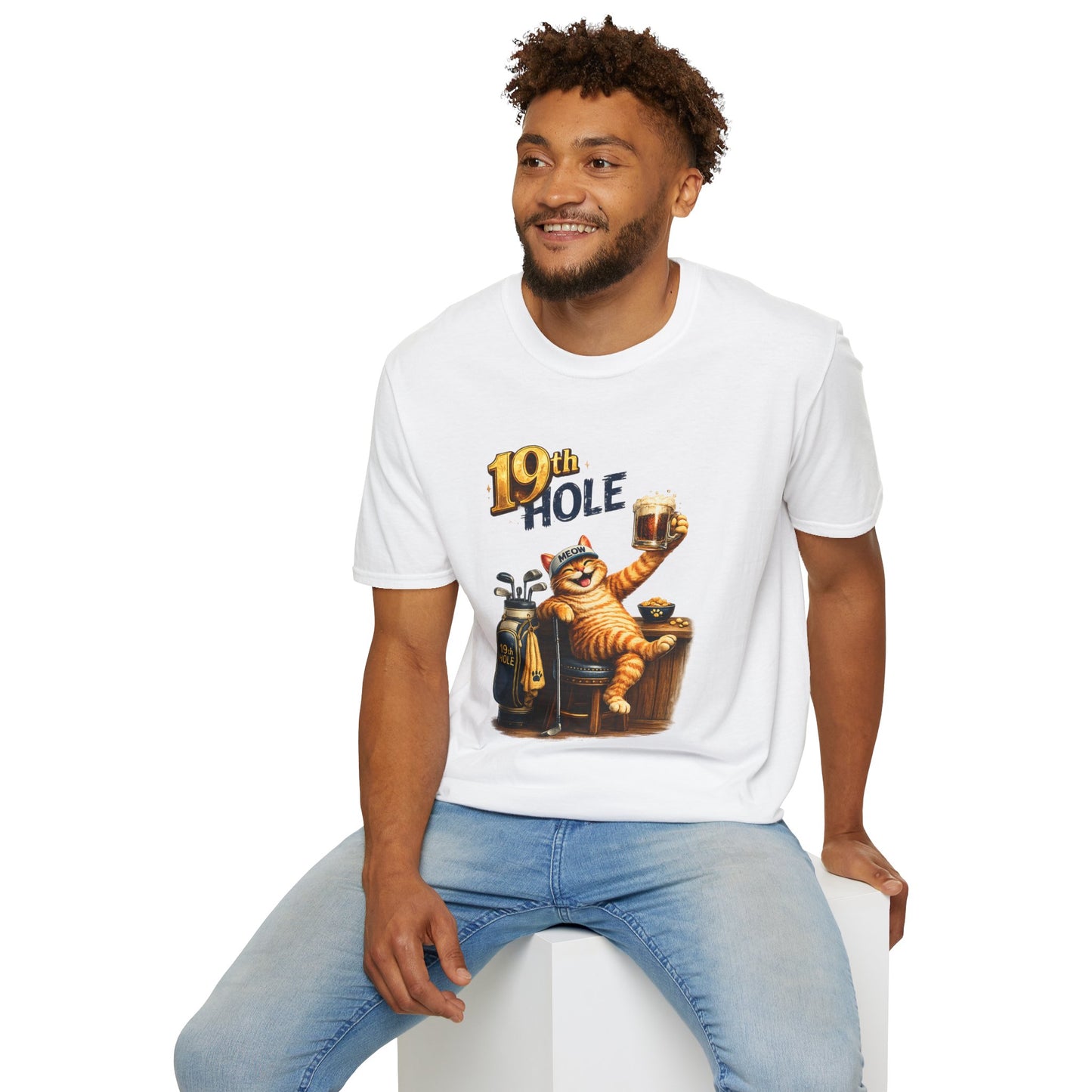 19th Hole funny cat golf T-shirt in white with orange tabby golfer
