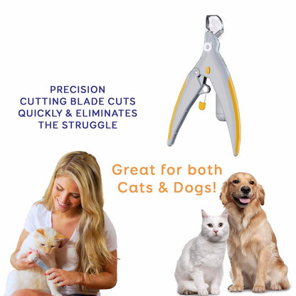 Pet nail clipper with text highlighting its features and suitability for cats and dogs, alongside a woman with a cat and a dog.
