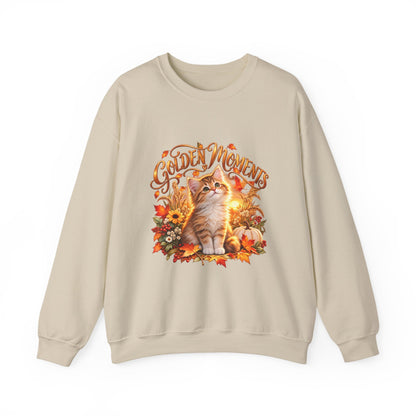 Sand crewneck sweatshirt with Golden Moments fall kitten, pumpkin and autumn floral design
