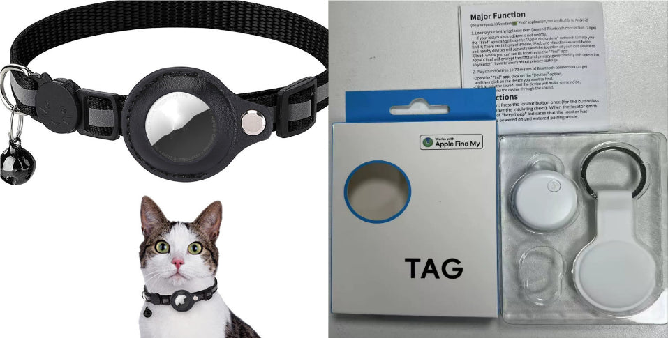 Black Reflective Waterproof AirTag Collar for Cats & Dogs and cat wearing the collar