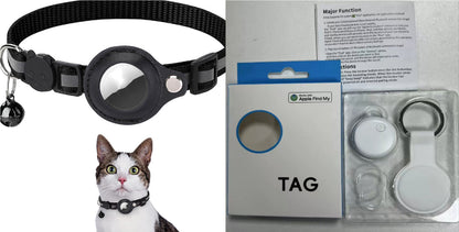 Black Reflective Waterproof AirTag Collar for Cats & Dogs and cat wearing the collar