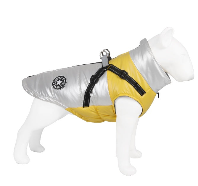 Dog life jacket with silver and yellow design on a mannequin against a white background