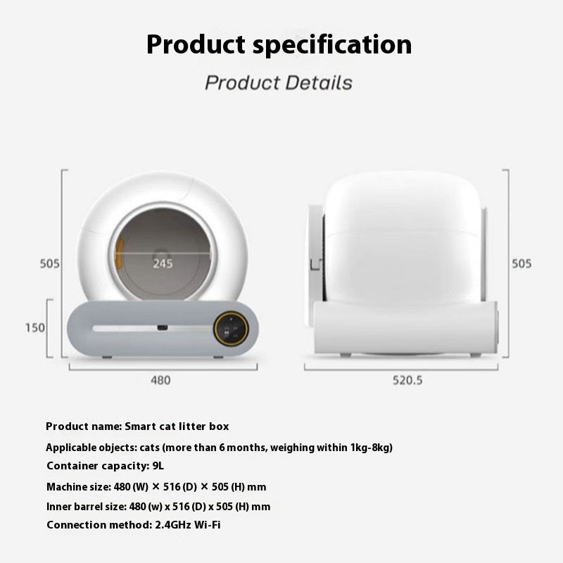 Smart cat litter box with dimensions and specifications on a white background