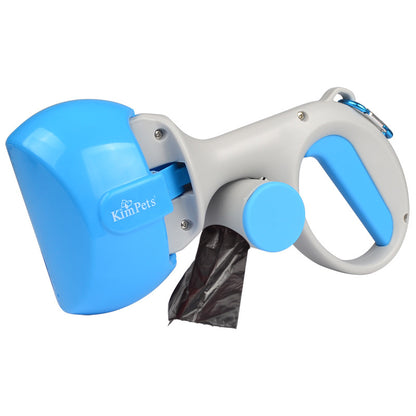 Blue and gray pet waste bag dispenser with KimPet's branding on a white background