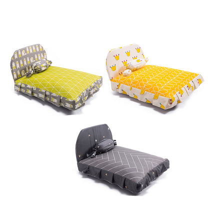 Three colorful folding chairs with patterned cushions on a white background