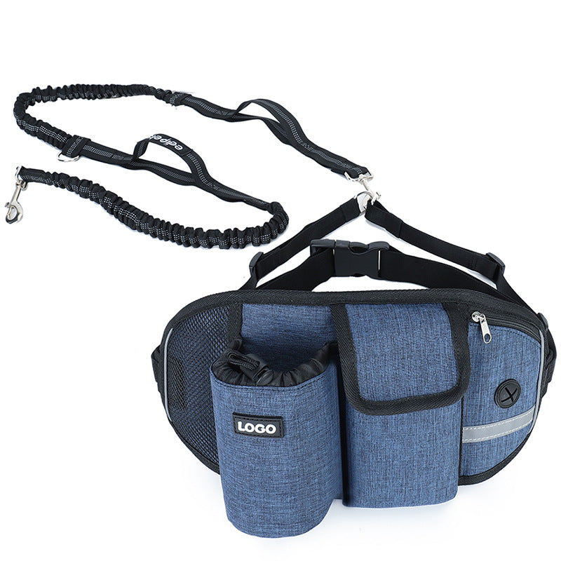 Blue dog walking harness and leash set with a logo on a white background