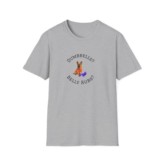 Gray t-shirt with a dog graphic and text on a white background
