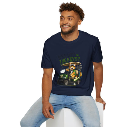 A navy short-sleeve crewneck t-shirt featuring a cartoon graphic of a cat driving a green golf cart with the text 'WHO LEFT THE KEYS?' printed on the chest.
