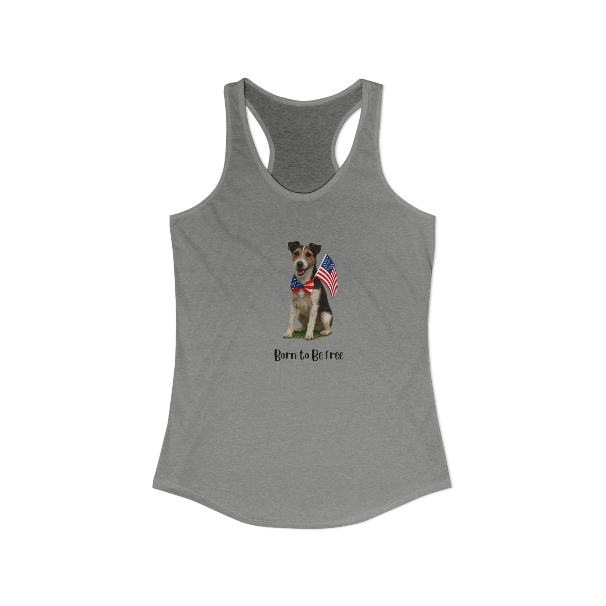 Gray tank top with a dog graphic and 'Born to be Free' text on a white background
