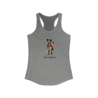 Gray tank top with a dog graphic and 'Born to be Free' text on a white background