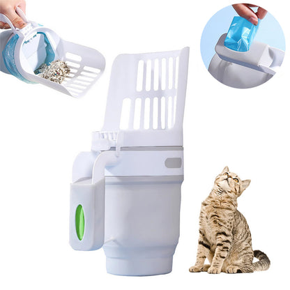 Cat litter box system with a cat sitting next to it on a white background