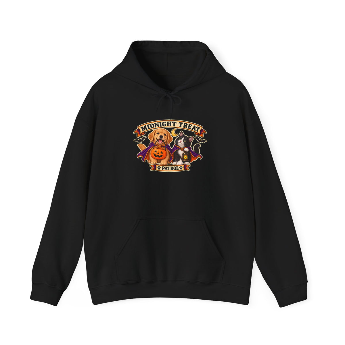 Midnight Treat Patrol Halloween puppy and kitten hoodie in black
