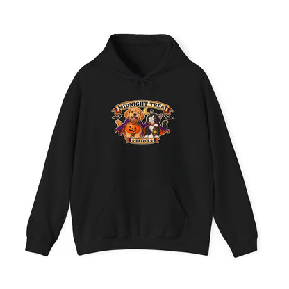 Midnight Treat Patrol Halloween puppy and kitten hoodie in black