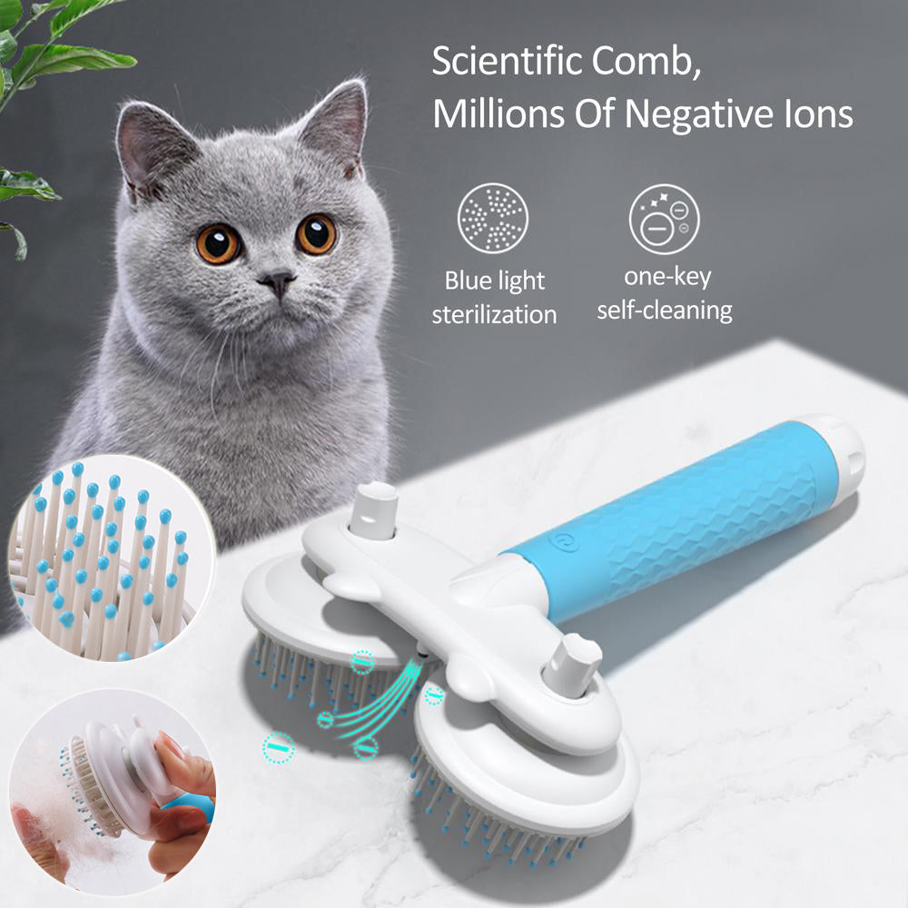 Cat with a scientific comb featuring negative ions, blue light sterilization, and self-cleaning functions.