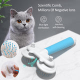 Cat with a scientific comb featuring negative ions, blue light sterilization, and self-cleaning functions.
