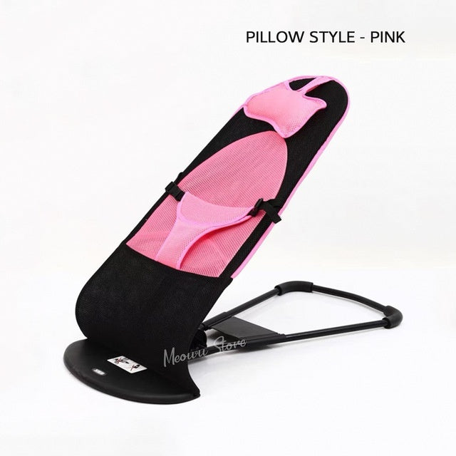 Pink and black baby bouncer with 'Meow Store' branding on a white background