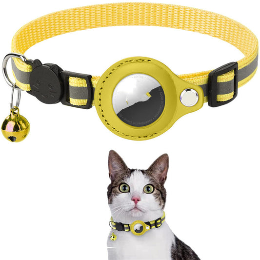 Yellow Reflective Waterproof AirTag Collar for Cats & Dogs and cat wearing the collar
